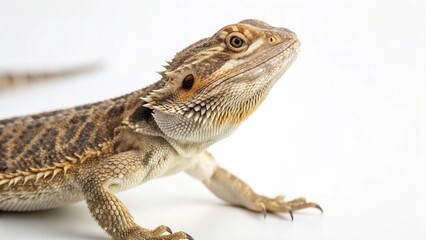 Obraz premium Lizard with textured scales and natural colors perched calmly on a clean white studio background, sharp focus, and professional studio lighting