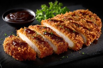 Delicious crispy breaded pork cutlet with dipping sauce and fresh herbs on black slate plate, perfect food presentation for restaurant or gourmet cuisine photography