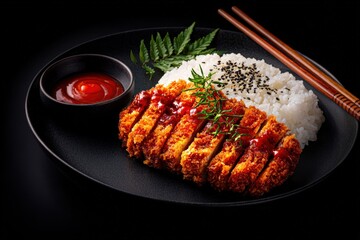 Delicious Japanese chicken katsu with white rice, black sesame seeds, and a side of tangy dipping sauce served on an elegant black plate in a minimalist style