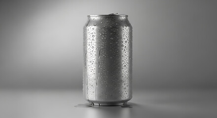 Iced aluminum can glistens with condensation on a reflective surface, showcasing freshness and refreshment in a studio setting.