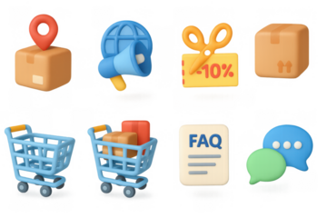 3d shopping and e-commerce icons featuring cart, box, and discount elements