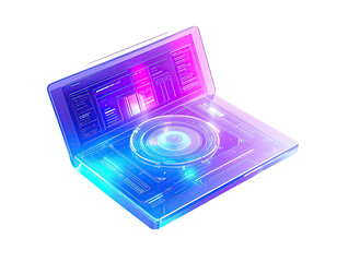 A transparent, glowing case holds a laptop and DJ controller, showcasing digital interfaces