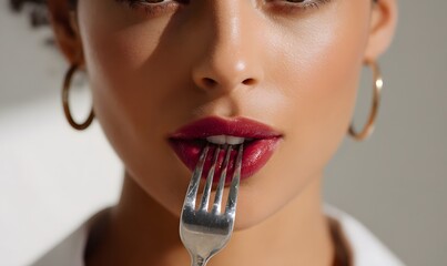 closeup of a woman's mouth licking fork