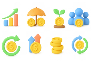 Colorful 3d financial icons with growth arrows and money symbols