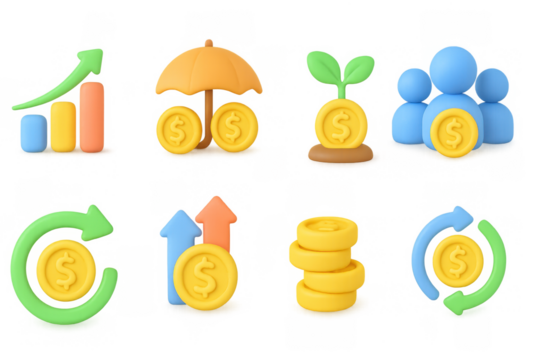 Colorful 3d financial icons with growth arrows and money symbols
