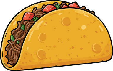Cartoon taco illustration with beef, tomato, lettuce, cheese, Mexican food design, delicious fast food, traditional cuisine, tasty snack vector