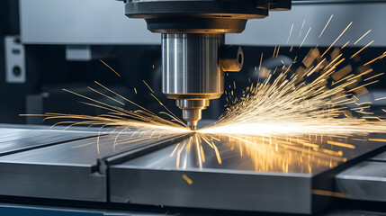 This image captures a CNC machine tool cutting metal, showcasing precision engineering with flying metal shavings and a detailed focus on industrial craftsmanship.