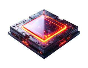 High-tech processor chip, glowing with intense red light