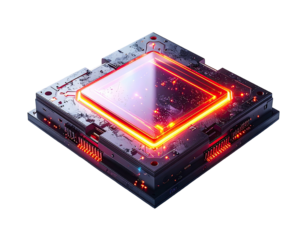 High-tech processor chip, glowing with intense red light