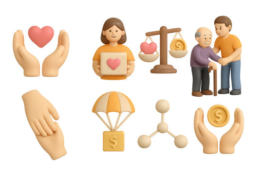 3d concepts of charity and caring with heartwarming icons