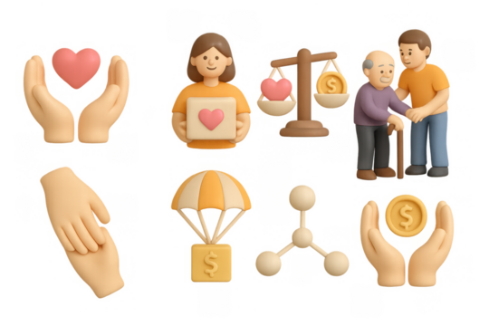 3d concepts of charity and caring with heartwarming icons