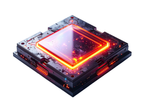 High-tech processor chip, glowing with intense red light - Powered by Adobe