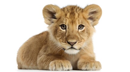 Obraz premium Baby lion cub portrait isolated on white background adorable feline animal cute wildlife young predator mammal 100