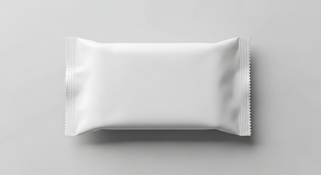 White rectangular flow pack lying on a gray surface, suggesting a clean, minimalist aesthetic for food or cosmetic packaging, conveying simplicity.