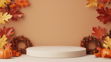 Floating podium with warm fall lighting, surrounded by autumn leaves and harvest wreaths, perfect for Thanksgiving presentations
