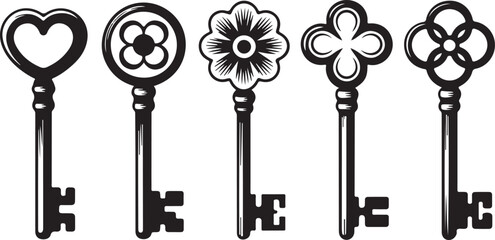 Antique Key Collection with Ornate Floral and Heart Designs on Transparent Background