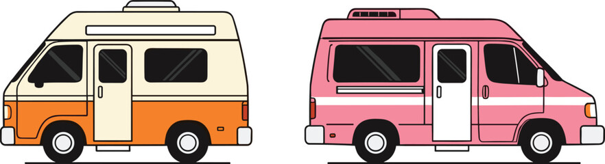 Colorful camper vans illustration, retro orange motorhome, pink travel van design, vector road trip vehicle, camping adventure car, recreational RV artwork