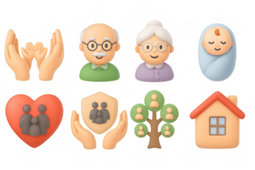 Family set: 3d icons representing generations and care
