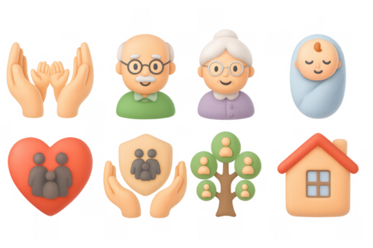Family set: 3d icons representing generations and care