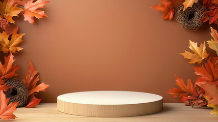 Floating podium with warm fall lighting, surrounded by autumn leaves and harvest wreaths, perfect for Thanksgiving presentations