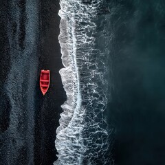 Aerial view of a solitary red boat on a black sand beach with crashing waves - Stunning coastal seascape landscape, perfect for travel and nature enthusiasts