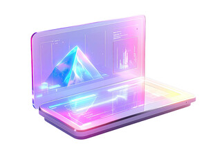 Futuristic laptop with vibrant displays and abstract graphics