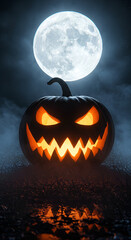 Naklejka premium Dramatic Halloween Pumpkin with Glowing Face under Full Moon Night