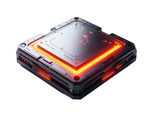 Metallic, square tech device with glowing orange outline