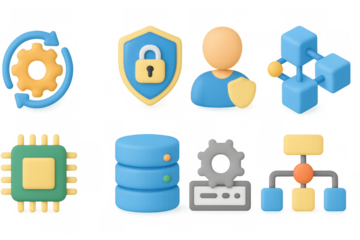 3d cybersecurity and technology icons: shield, network, and database elements