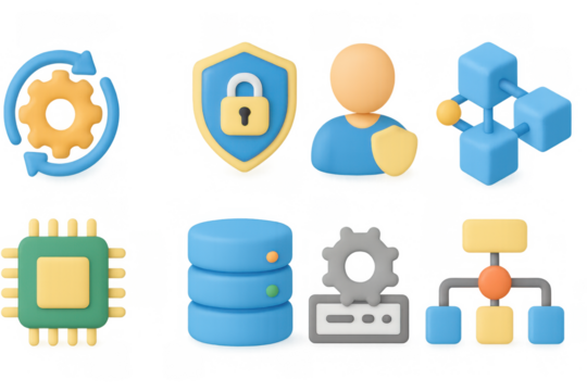 3d cybersecurity and technology icons: shield, network, and database elements