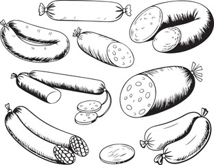 Engraved Sausage Collection on Transparent Background for Food and Culinary Illustrations