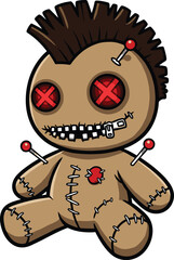 Creepy voodoo doll cartoon illustration with zipper mouth, red button eyes, stitched fabric body, pins, gothic scary Halloween design