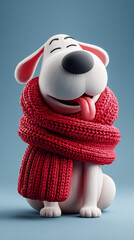 Cute white dog in a big red knitted scarf, sitting with eyes closed and tongue out, radiating joyful coziness and holiday cheer, perfect for Christmas and winter season banners.