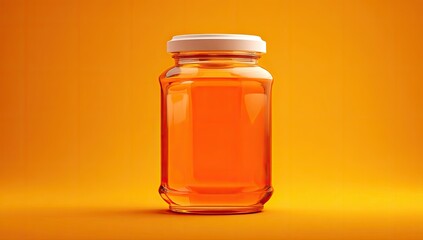 Glass jar of amber liquid, against an orange background