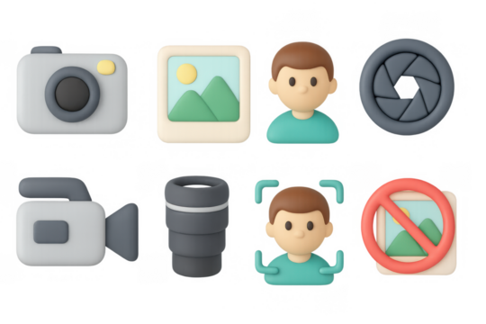 Colorful 3d icons: camera, photo, and user concepts in modern style