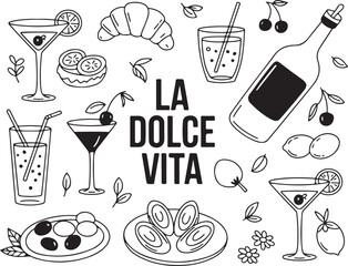 Charming Italian Food and Drink Elements Collection Outline Style for Restaurant Menu