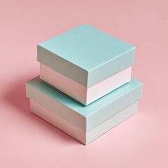 Two stacked mint-green and white gift boxes on a pink surface