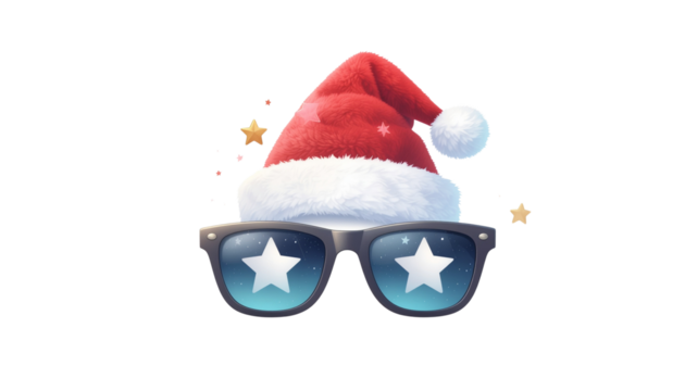 Fun Novelty Christmas Glasses with Santa Hat and Stars Isolated on transparent background