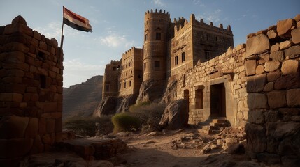 Majestic ancient stone fortress with Yemeni flag flying in warm sunset light, featuring impressive castle towers and defensive walls built on rocky terrain in Middle Eastern historical site