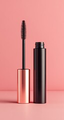 Black mascara tube with rose gold cap on pink background
