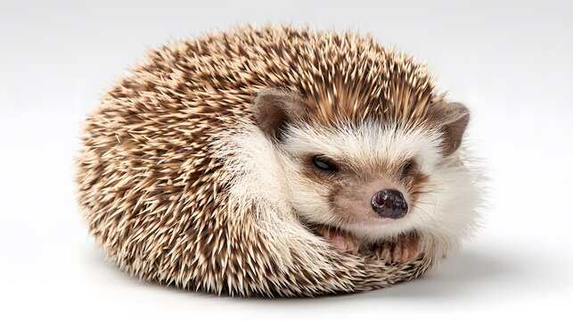 Cute hedgehog curled up on white background adorable pet animal spiky mammal african pygmy hedgehog photo