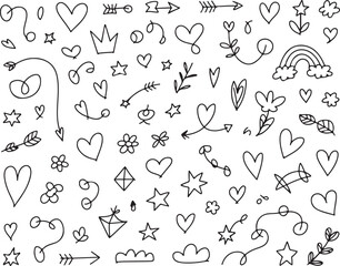 Hand Drawn Doodle Vector Set with Heart, Star, Arrow, and Decorative Elements