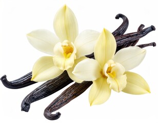 Two pale yellow vanilla blossoms nestled beside three dark brown vanilla beans against a stark white background