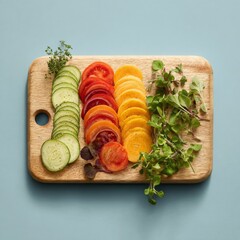 Colorful Fresh Vegetable Slices Arranged on Wooden Cutting Board