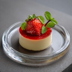 Elegant Strawberry Jelly Dessert on Glass Plate with Mint Leaves