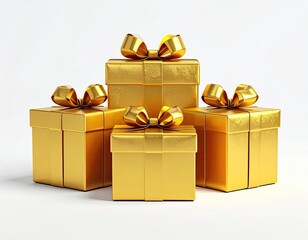 Four gold gift boxes with shiny bows, arranged in a pyramid shape on a white background, representing celebration and luxury