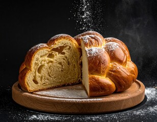 A golden-brown challah bread, partially sliced, sits on a wooden board, dusted with powdered sugar; steam rises