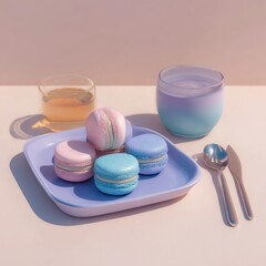 Colorful Macarons on a Plate with Drinks and Cutlery on Table