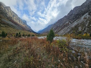 mountain landscape with lake In ala Archa National Park Kyrgyzstan 