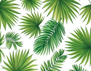 Vibrant green palm fronds and leaves, various sizes and shapes, scattered on a white background, creating a tropical, botanical pattern